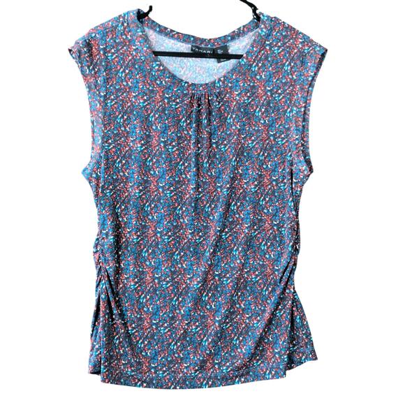 Tahari Womens Blouse Multicolored Pleated Crew Neck Sleeveless Stretch Large - Picture 1 of 12
